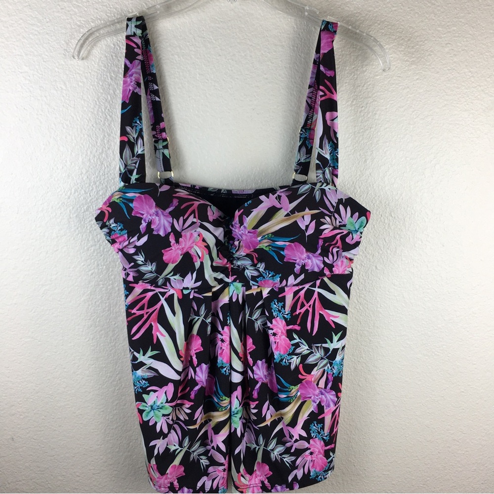Alex Marie Pink Black Purple Green Floral Tankini Swim Top Size 12